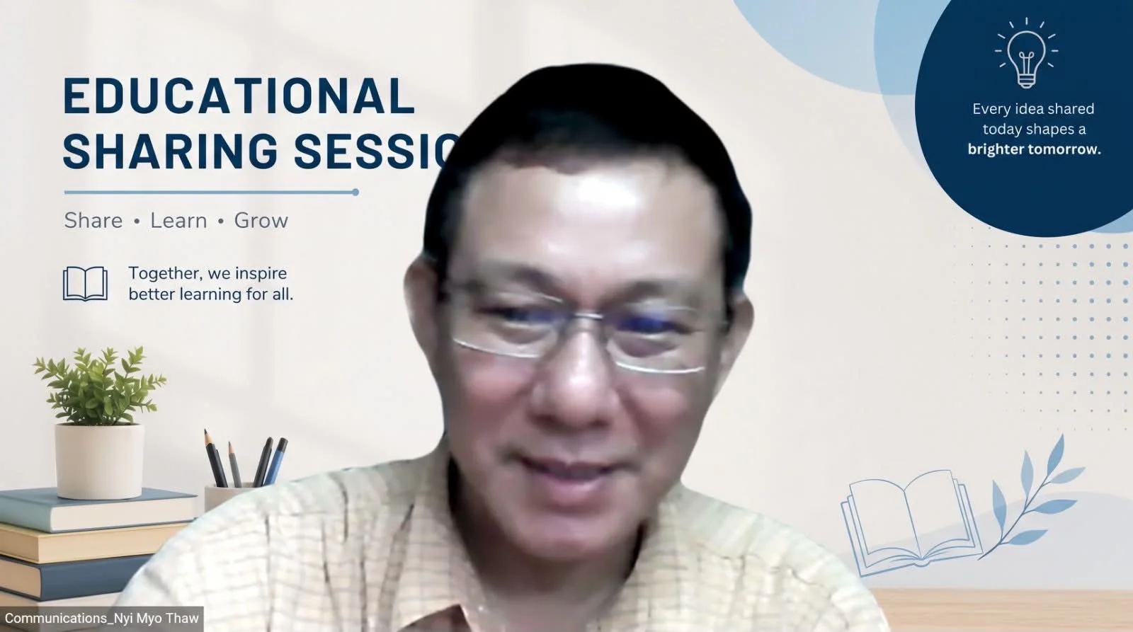 Speaker on a video call about educational sharing